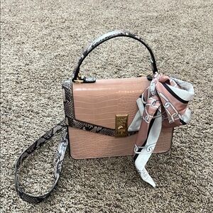 Pink Croc-Embossed Handbag with Scarf